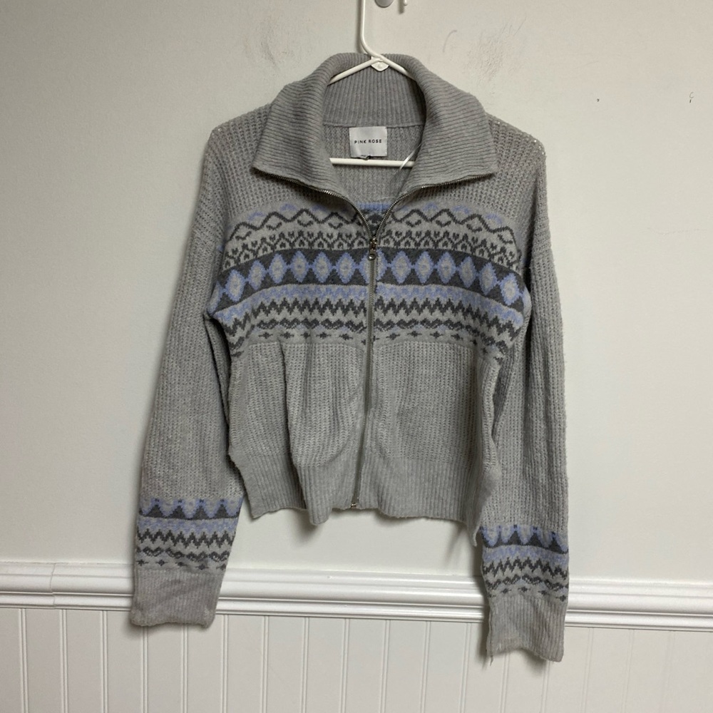 Pink Rose Women’s Collared Sweater Cropped Zipper Grey long sleeve size M